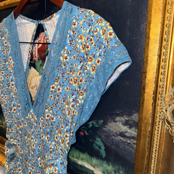 Free People Ditsy Floral Blue Lace Trim Mini Dress Open Back Small - Picture 3 of 7